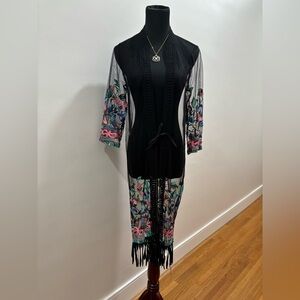476. Somya Black Sheer Embroidered Duster with Fringe